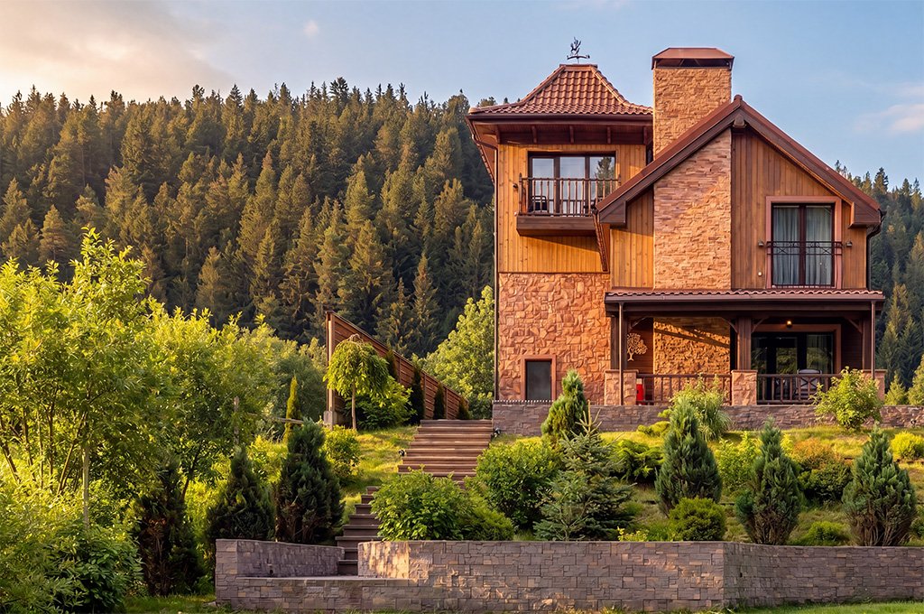 Same exterior after Season Change + Low Warm Sun stacked — summer vegetation, low warm sunlight