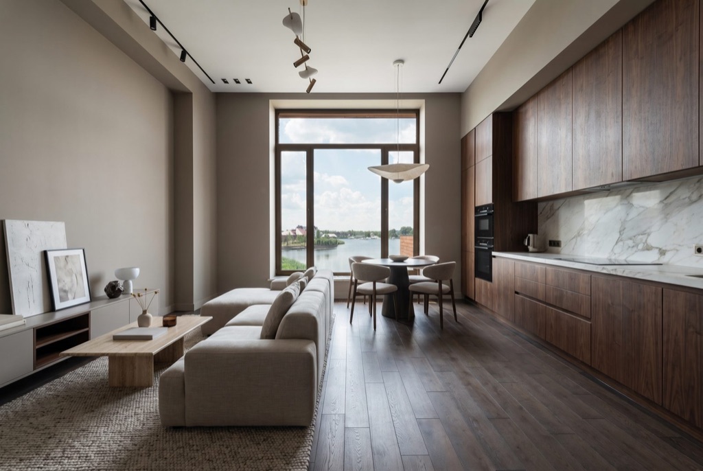 Virtual renovation — the same room as an Editorial living and kitchen
